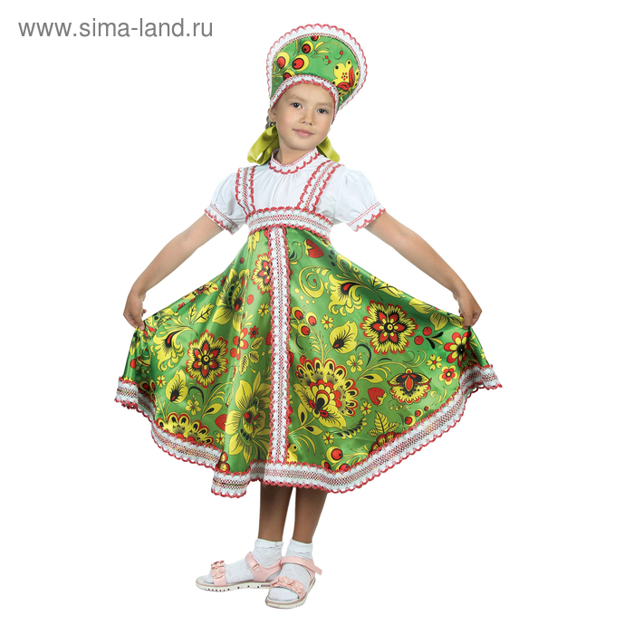 Русский народный костюм Хохлома, платье, кокошник, цвет зелёный, р-р 30, рост 110-116 см карнавальная русская рубаха хохлома атлас р 30 рост 110 116 см цвет зелёный