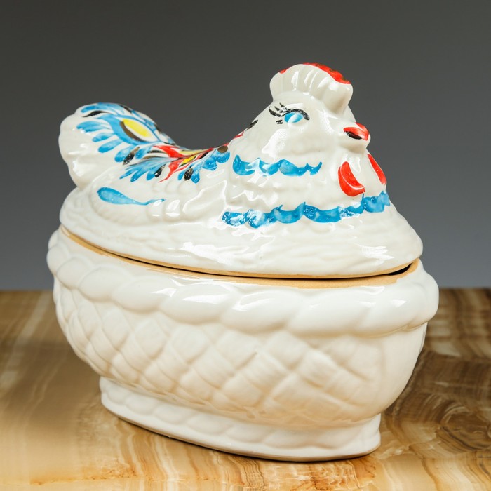 Жаровня "Курица", большая, белая с золотом, микс