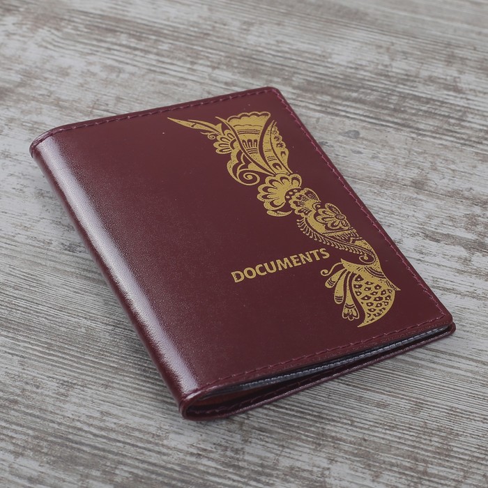 Обложка для автодокументов "Русские узоры", шик, цвет вишнёвый