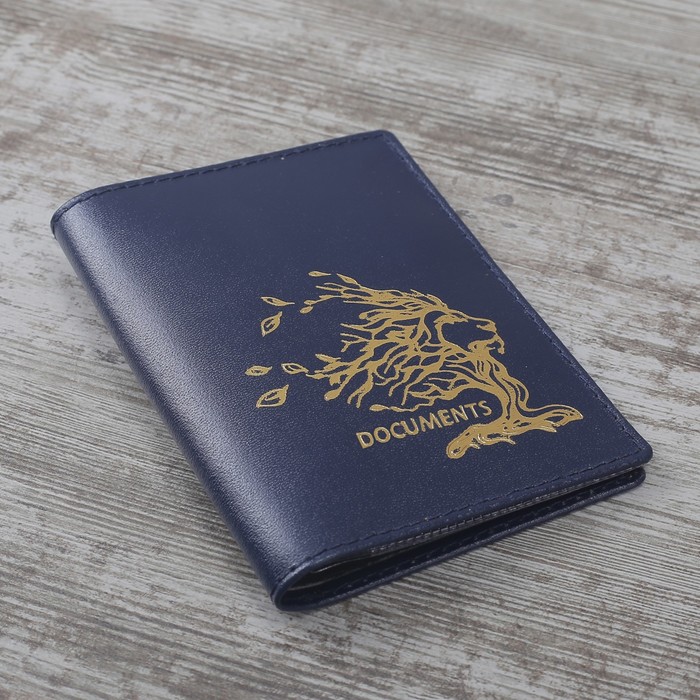 Обложка для автодокументов "Лев", шик, цвет синий