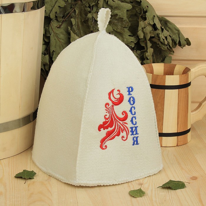 Банная шапка с вышивкой  "Россия", синяя надпись, первый сорт
