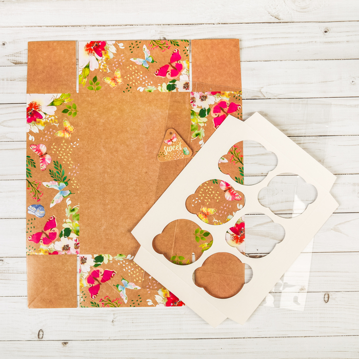 Коробка для капкейка с PVC крышкой «Бабочки», 16 х 23 х 7,5 см