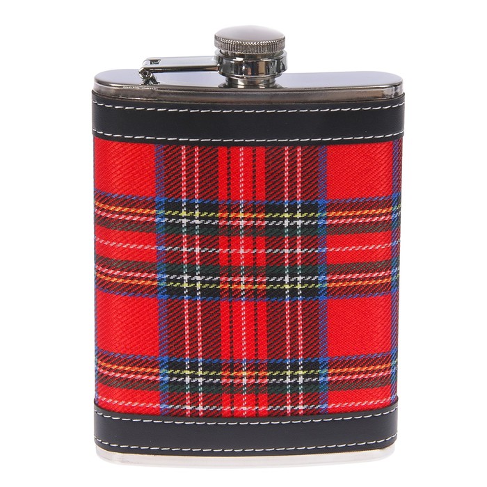 Фляжка 240 мл, металл, кожзам, красная шотландская клетка, 9х13.5 см