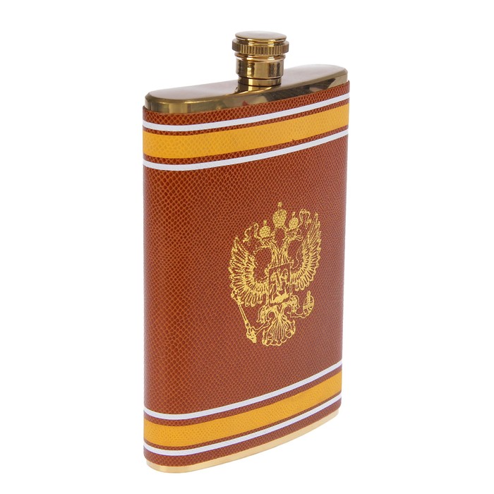 Фляжка 270 мл, герб России, коричневая с жёлтыми полосками, 10х15 см