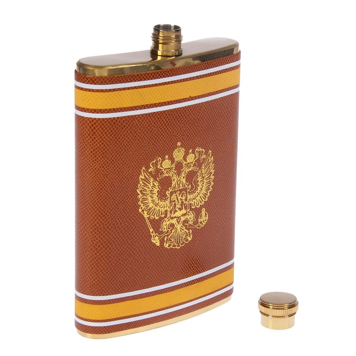 Фляжка 270 мл, герб России, коричневая с жёлтыми полосками, 10х15 см