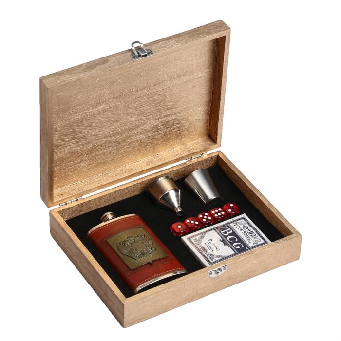 Набор "Герб России" 9 в 1: фляжка 6 oz + рюмка + воронка + 5 кубиков + игральные карты