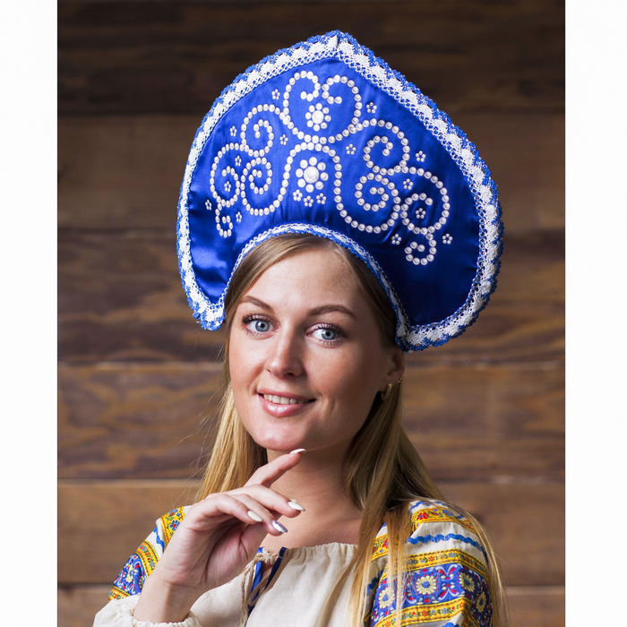Кокошник "Жемчуг", атлас, цвет синий