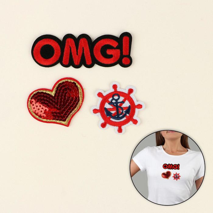 Набор термоаппликаций "Якорь, OMG, сердце", 3шт, разноцветный