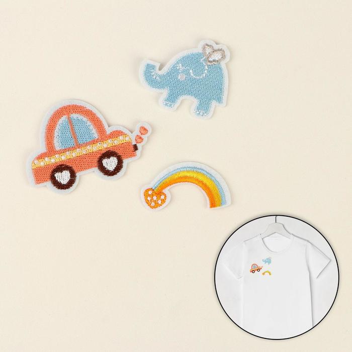 Набор термоаппликаций, "Радуга, слон, машина", 3шт, разноцветный