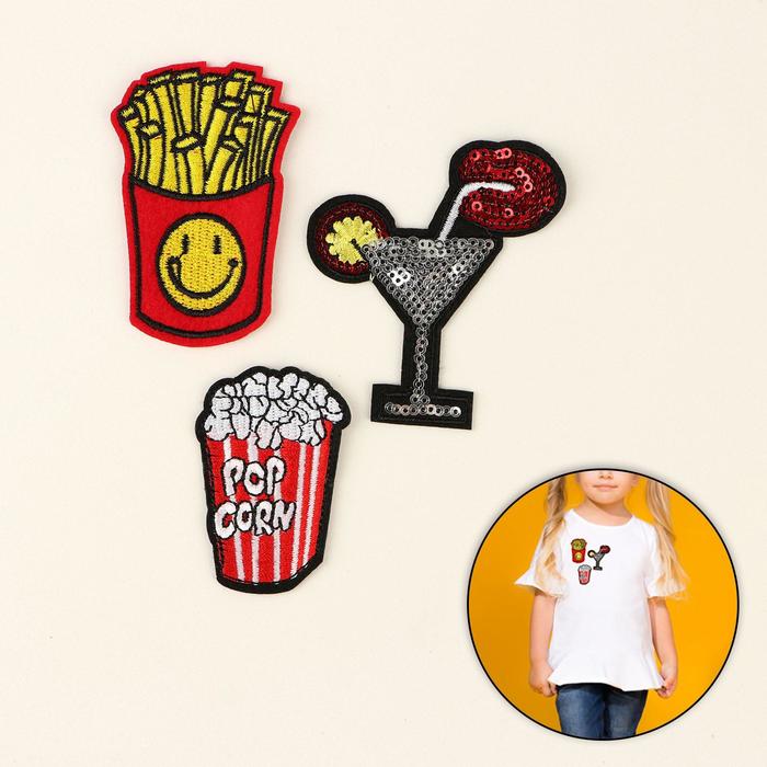 Набор термоаппликаций, "Коктейль, попкорн, картофель", 3шт, разноцветный