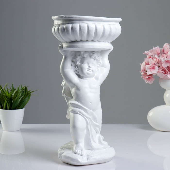 Фигурное кашпо "Ангел с чашей на голове" белый 40см