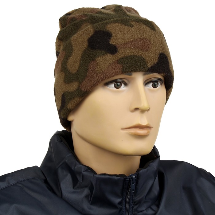 Шапка флисовая с отворотом, полиэстер, 300 г/кв.м, цвет Woodland Camo, размер 56-57