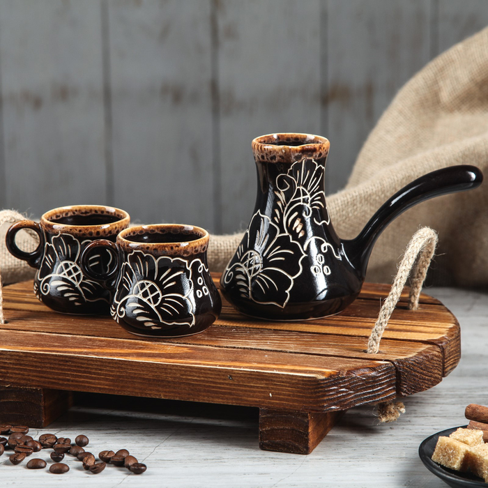 Набор кофейный турка, 200 мл, 2 чашки, тёмно коричневые