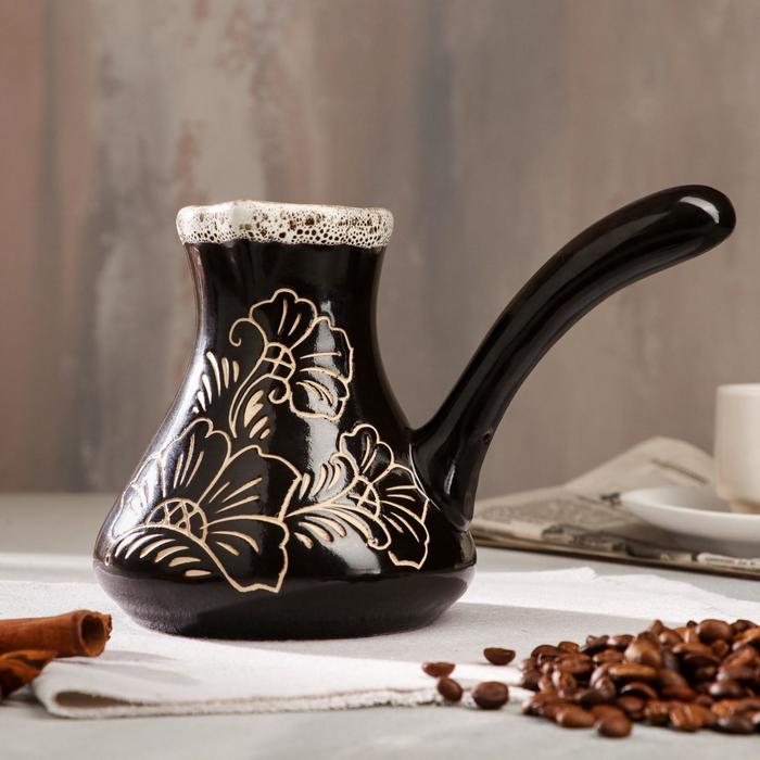 Турка "Цветы", большая, 0,5 л, темно-коричневая