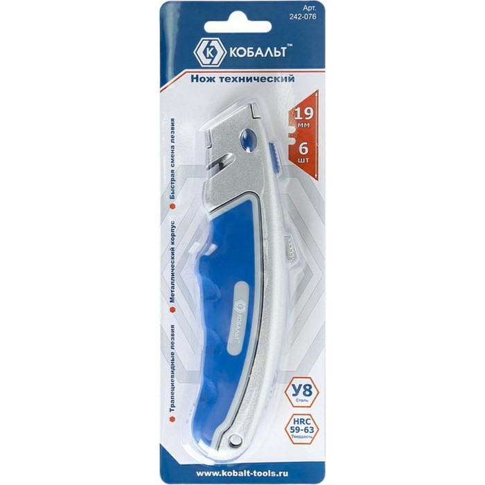Нож универсальный "КОБАЛЬТ", комбинированный корпус, усиленный, 6 зап. лезвий, трапеция 19 мм 302654