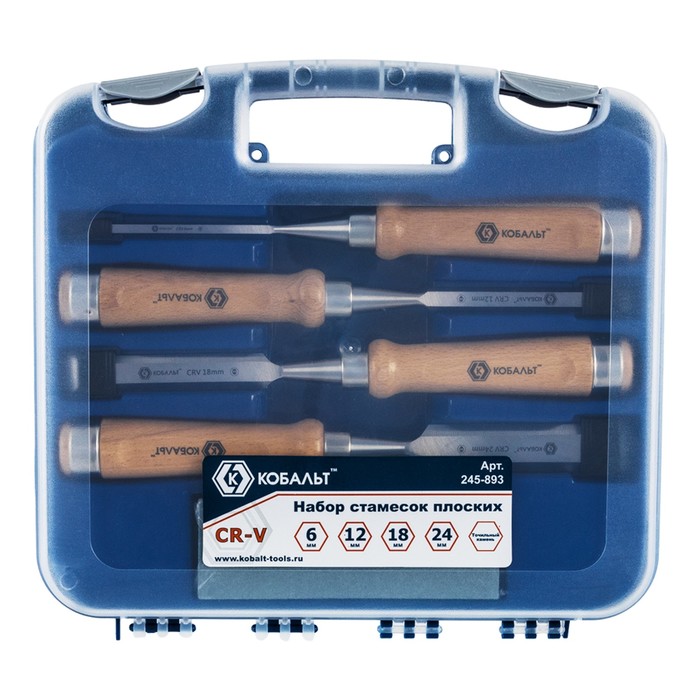 Набор стамесок "КОБАЛЬТ" 245-893, 6-24 × 140 мм, деревянная рукоятка, точильный камень, кейс