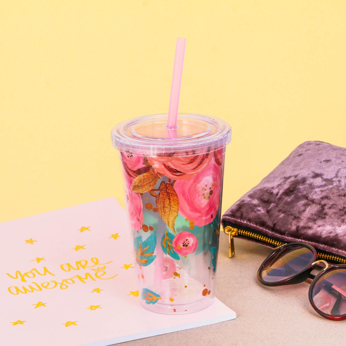 Стакан с трубочкой "Цветы", 500 мл