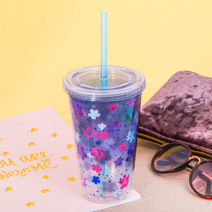 Стакан с трубочкой "Цветочный принт", 500 мл