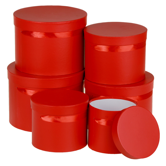 Набор коробок 6в1, круглые, красные, однотонные, 28 х 28 х 20 - 17 х 17 х 15 см