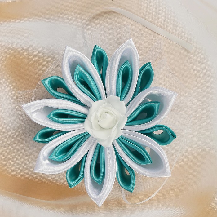 Бант для декора «Канзаши» D 15 см Угловой с фатином ,цвет :бирюзовый