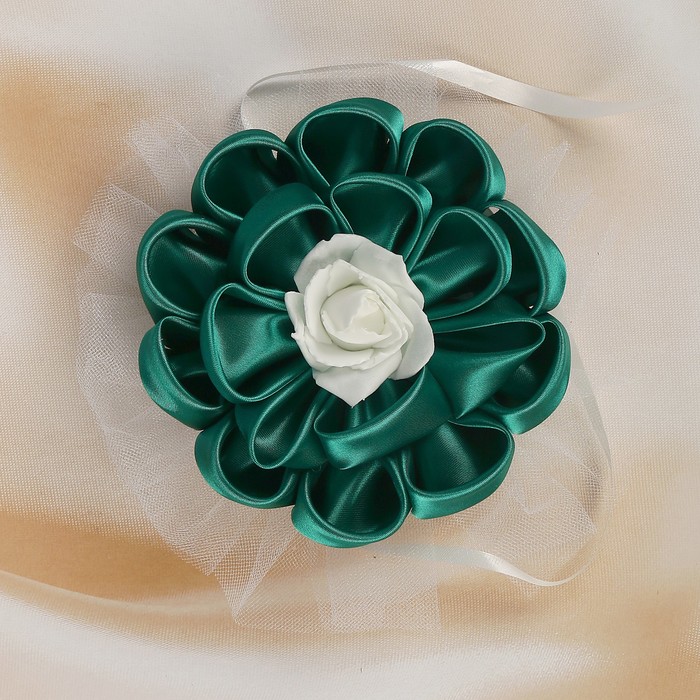Бант для декора «Канзаши» D 14 см Круглый с фатином, цвет: изумрудный