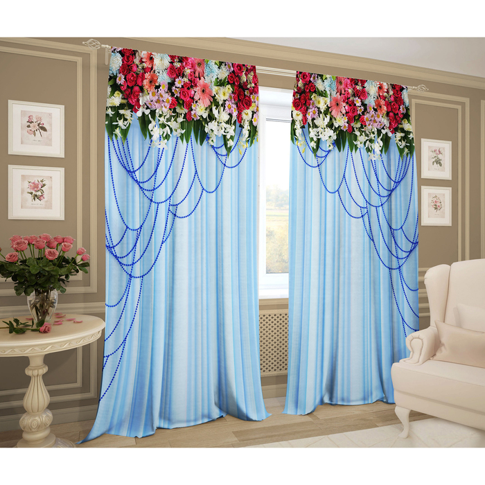 Комплект штор Очертания 147х267 +/- 3см 2шт, голубой, габардин, п/э