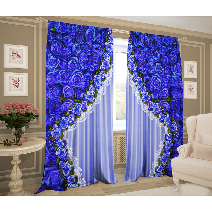 Комплект штор Упоение 147х267 +/- 3см 2шт, синий, габардин, п/э