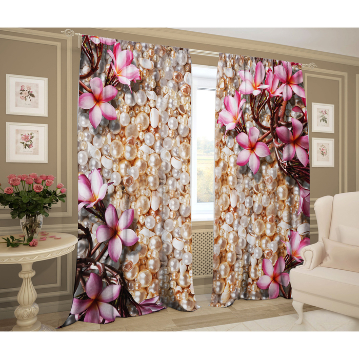 Комплект штор Цветы и жемчуг 147х267 +/- 3см 2шт, габардин, п/э