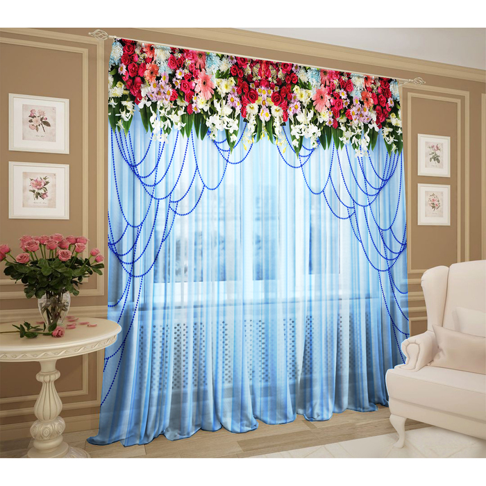 Тюль Очертания 147х267 +/- 3см, 2шт, голубой, синий, шифон, п/э