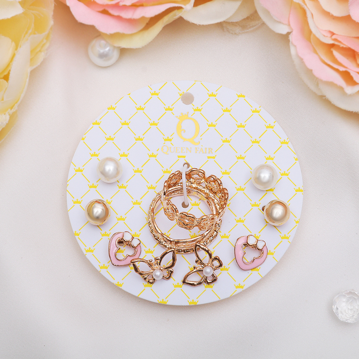 Пусеты с кольцами "Настроение" весна, бабочки, цвет бело-розовый в золоте