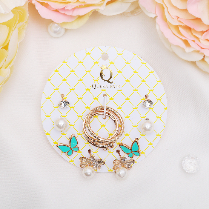 Пусеты с кольцами "Настроение" жаркий день, бабочки, цвет бело-голубой в золоте