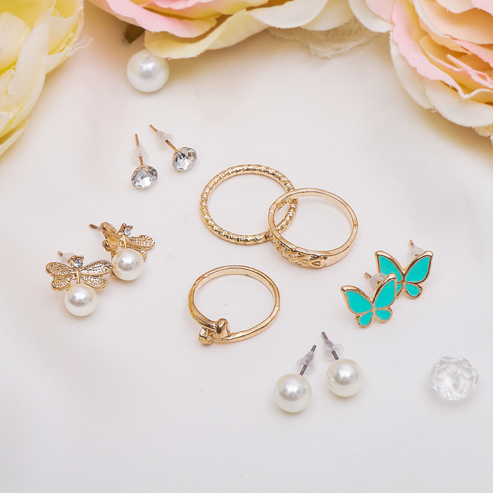 Пусеты с кольцами "Настроение" жаркий день, бабочки, цвет бело-голубой в золоте