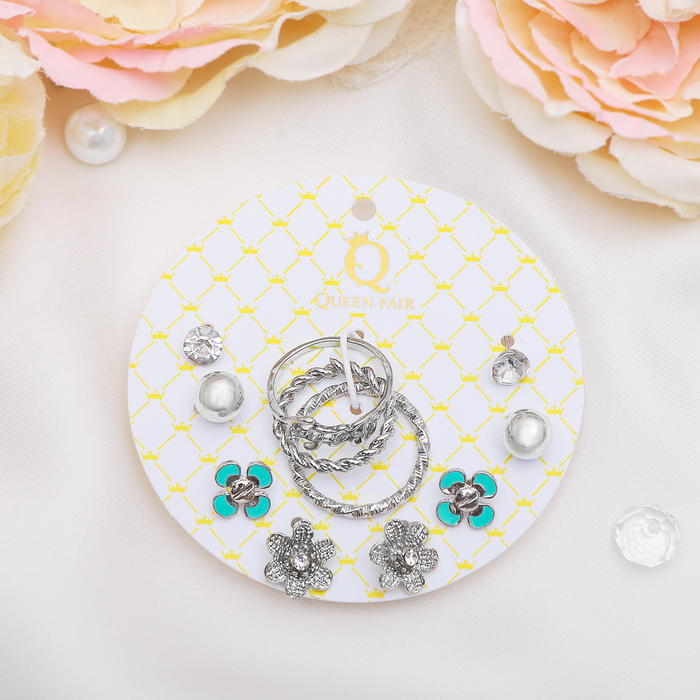 Пусеты с кольцами "Настроение" цветочная поляна, цвет бело-голубой в серебре