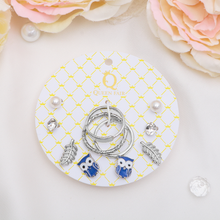 Пусеты с кольцами "Настроение" совы, цвет бело-синий в серебре