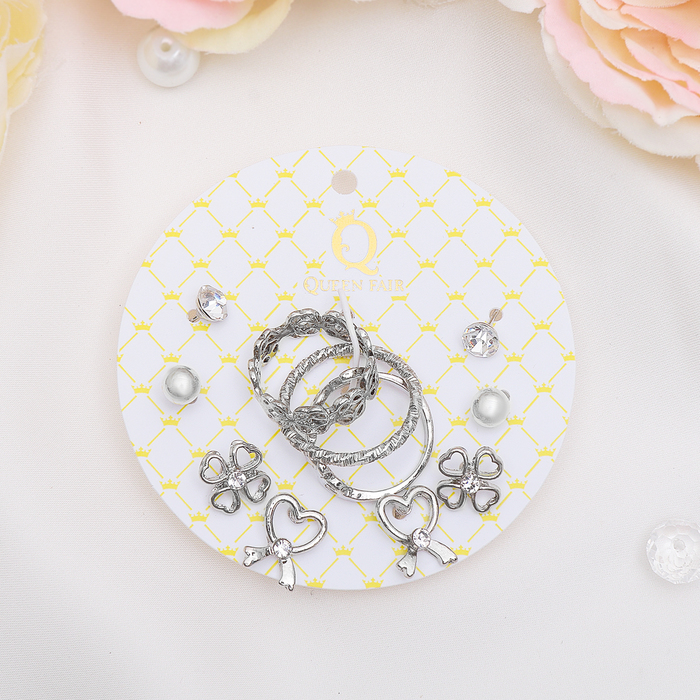 Пусеты с кольцами "Настроение" романтик, сердце, цвет белый в серебре