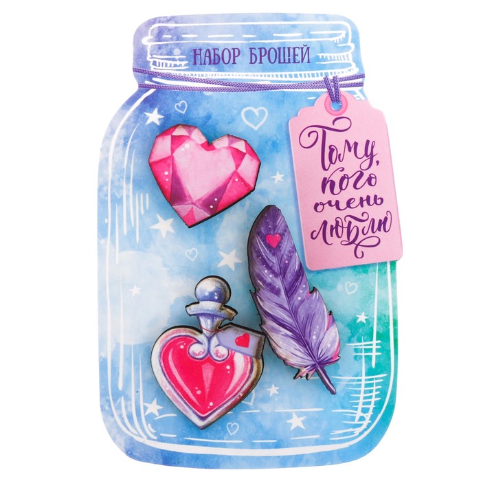 Набор брошей деревянных "Тому, кого очень люблю"