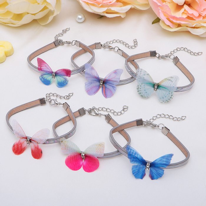 Браслет кожа Butterfly, цвет серебристо-радужный