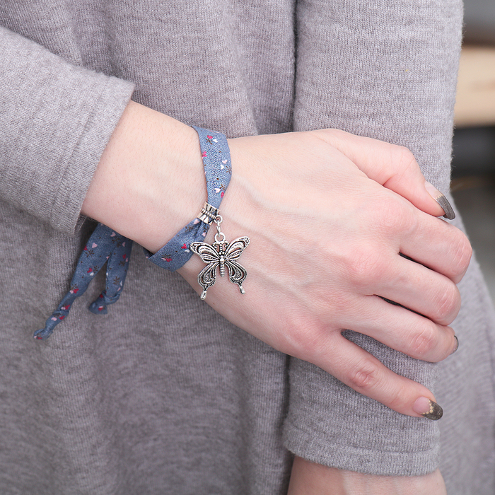 Браслет ассорти "Любовь" бабочка, цвет синий в чернёном серебре