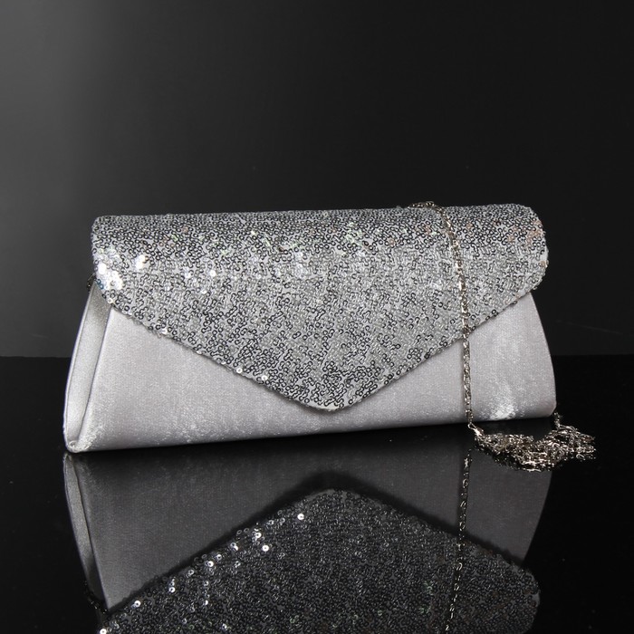 Клатч женский на магните, 1 отдел, длинная цепочка, цвет серый