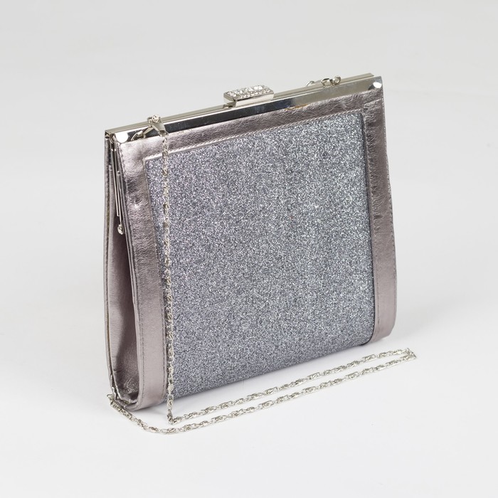 Клатч женский на фермуаре, 1 отдел, длинная цепочка, цвет серый