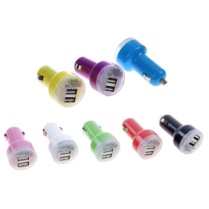Автомобильное зарядное устройство 2 USB, 1,0А, 2,1А , микс