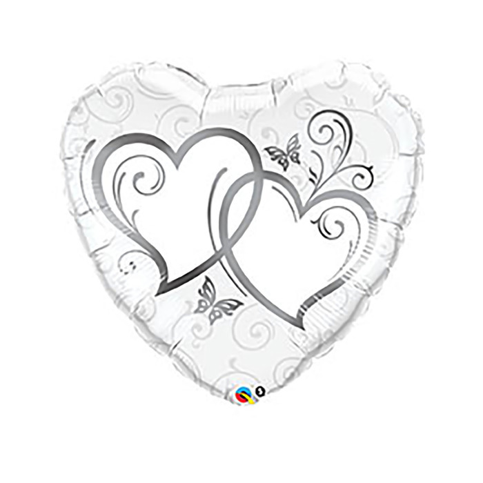 Шар фольгированный сердце 36" "Сердца переплетенные" серебряный Q
