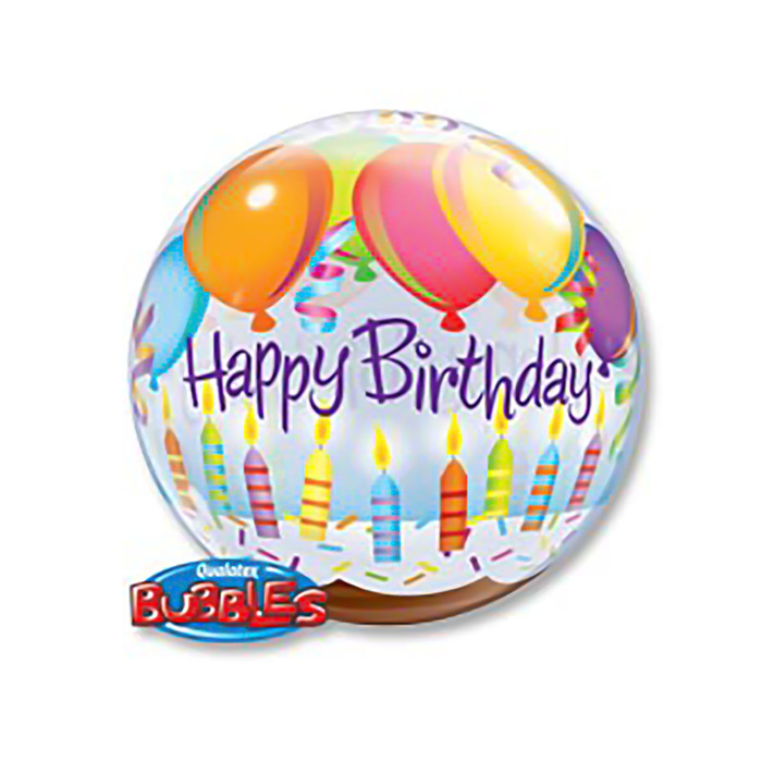 Шар полимерный 22" "BUBBLE С днем рождения" торт с шарами, прозрачный Q