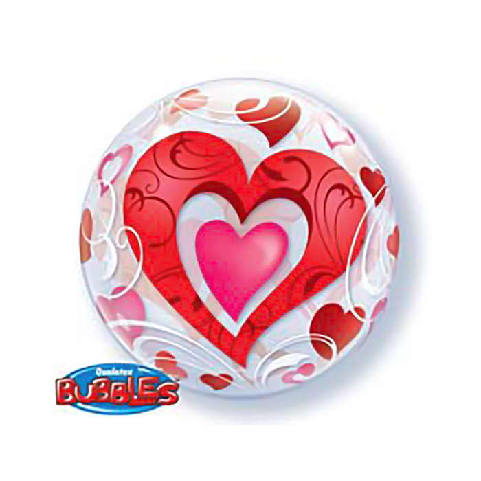 Шар полимерный 22" "BUBBLE Сердце красное и завитки", прозрачный Q