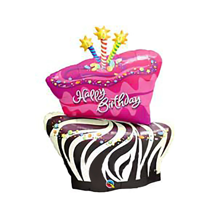 Шар фольгированный 31" "С днем рождения" торт полосатый Q