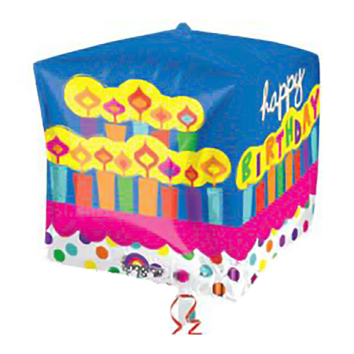 Шар фольгированный 3D КУБ 15" C днем рождения" торт АГ