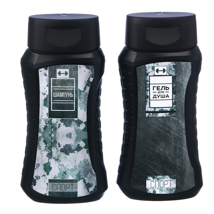 Подарочный набор "С Днем защитника Отечества": гель для душа, шампунь, мочалка в пластиковой подставке