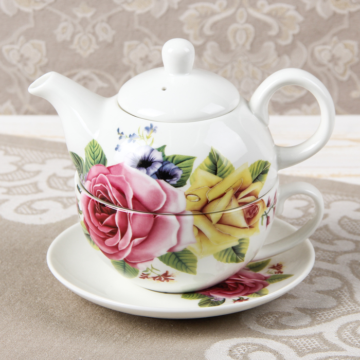 Чайный набор "Цветение", 3 предмета: чайник 500 мл, чашка 11 см 300 мл, блюдце