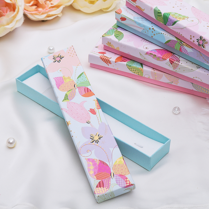 Коробочка подарочная под браслет "Бабочка в тюльпанах", 21*4, цвет МИКС, вставка белая