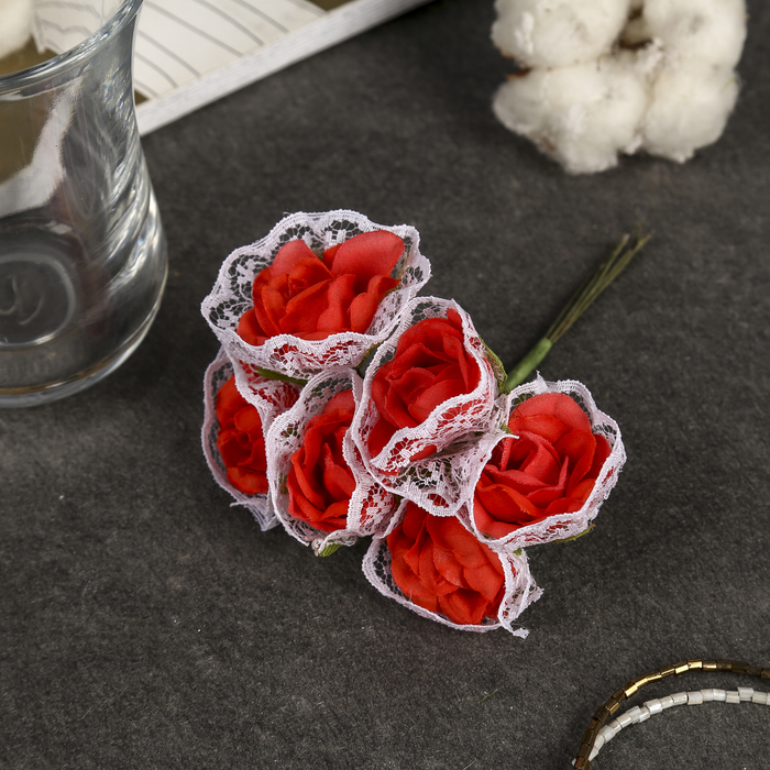 Декор для творчества "Розы в кружевах" (набор-букет 6 цветков) 11 см d=3 см МИКС